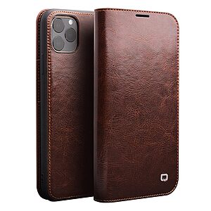 Θήκη iPhone 11 Pro Max QIALINO Genuine Cowhide Leather Flip Wallet δερμάτινη καφέ
