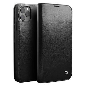 Θήκη iPhone 11 Pro Max QIALINO Genuine Cowhide Leather Flip Wallet δερμάτινη μαύρο