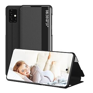 Θήκη Samsung Galaxy A51 OEM Half Mirror Surface View Stand Case Cover Flip Window από συνθετικό δέρμα μαύρο