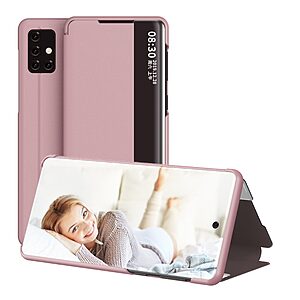 Θήκη Samsung Galaxy A51 OEM Half Mirror Surface View Stand Case Cover Flip Window από συνθετικό δέρμα ροζ χρυσό
