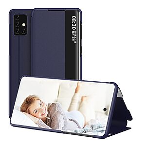 Θήκη Samsung Galaxy A71 OEM Half Mirror Surface View Stand Case Cover Flip Window από συνθετικό δέρμα μπλε