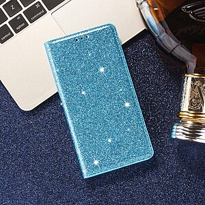 Θήκη Samsung Galaxy A41 OEM Skin Glitter Series με βάση στήριξης, υποδοχή καρτών και μαγνητικό κούμπωμα Flip Wallet από συνθετικό δέρμα και TPU γαλάζιο - Image 4