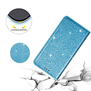Θήκη Samsung Galaxy A41 OEM Skin Glitter Series με βάση στήριξης, υποδοχή καρτών και μαγνητικό κούμπωμα Flip Wallet από συνθετικό δέρμα και TPU γαλάζιο - Image 5