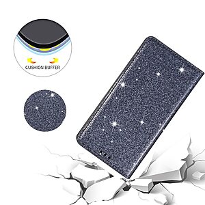 Θήκη Samsung Galaxy A41 OEM Skin Glitter Series με βάση στήριξης, υποδοχή καρτών και μαγνητικό κούμπωμα Flip Wallet από συνθετικό δέρμα και TPU γκρι - Image 5