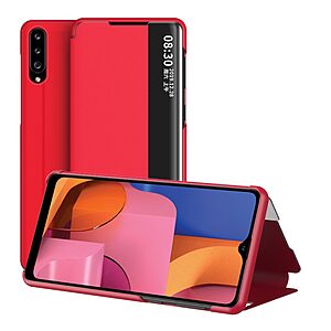 Θήκη Samsung Galaxy A20s OEM Half Mirror Surface View Stand Case Cover Flip Window από συνθετικό δέρμα κόκκινο