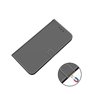 Θήκη Samsung Galaxy A20s OEM Mirror Surface γυαλιστερή με βάση στήριξης, υποδοχές καρτών και μαγνητικό κούμπωμα Flip Wallet από συνθετικό δέρμα και TPU μαύρο - Image 4