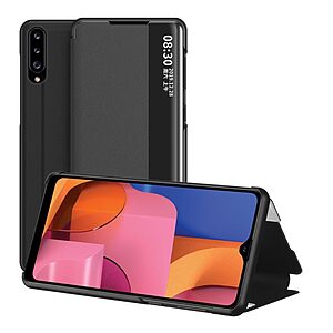 Θήκη Samsung Galaxy A20s OEM Half Mirror Surface View Stand Case Cover Flip Window από συνθετικό δέρμα μαύρο