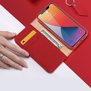 Θήκη iPhone 12 Pro Max DUX DUCIS Wish Series με βάση στήριξης, δύο υποδοχές καρτών και μαγνητικό κούμπωμα Flip Wallet από αυθεντικό δέρμα και TPU κόκκινο - Image 3