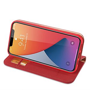 Θήκη iPhone 12 Pro Max DUX DUCIS Wish Series με βάση στήριξης, δύο υποδοχές καρτών και μαγνητικό κούμπωμα Flip Wallet από αυθεντικό δέρμα και TPU κόκκινο - Image 4