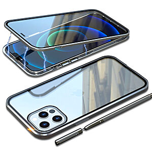 Θήκη iPhone 12 Pro Max LUPHIE Μεταλλική με εσωτερικό μαγνήτη και Premium Tempered Glass διπλής όψης ασημί