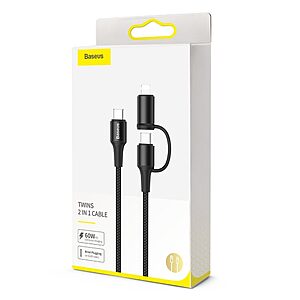Baseus Twins 2in1 USB Typ C PD - USB Type C Power Delivery (60W 20V 3A) + Lightning (9V 2A) Καλώδιο 1m μαύρο (CATLYW-H01) - Image 6