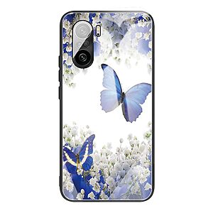 Θήκη Xiaomi Poco F3 / Mi 11i OEM σχέδιο Blue Butterfly με πλάτη από Tempered Glass και εσωτερικό TPU