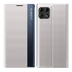 Θήκη Samsung Galaxy A22 5G OEM Half Mirror View Stand Cover με μαγνητικό κούμπωμα από συνθετικό δέρμα λευκό