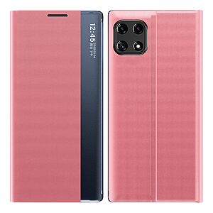 Θήκη Samsung Galaxy A22 5G OEM Half Mirror View Stand Cover με μαγνητικό κούμπωμα από συνθετικό δέρμα ροζ