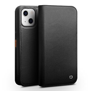 Θήκη iPhone 13 QIALINO book με μαγνητικό κούμπωμα από Premium αυθεντικό δέρμα Genuine Cowhide μαύρο