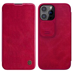 Θήκη iPhone 13 Pro NiLLkin Qin Series V2 με προστασία κάμερας Flip από σκληρό πλαστικό και συνθετικό δέρμα κόκκινο