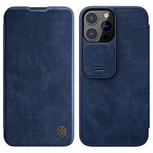 Θήκη iPhone 13 Pro NiLLkin Qin Series V2 με προστασία κάμερας Flip από σκληρό πλαστικό και συνθετικό δέρμα μπλε