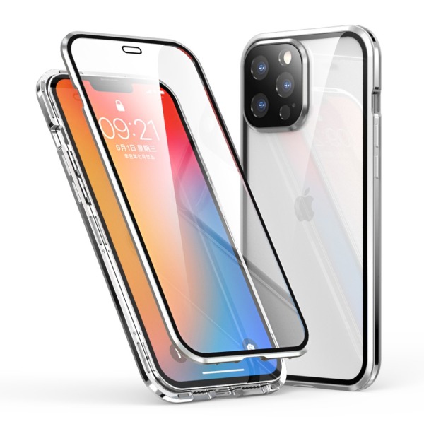 Θήκη iPhone 13 Pro Max LUPHIE μεταλλική με εσωτερικό μαγνήτη και ανθεκτικό Tempered Glass 360° διπλής όψης με Camera Protection Lips ασημί