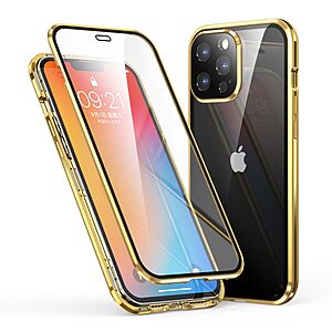 Θήκη iPhone 13 Pro Max LUPHIE μεταλλική με εσωτερικό μαγνήτη και ανθεκτικό Tempered Glass 360° διπλής όψης με Camera Protection Lips χρυσό