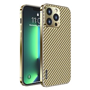 Θήκη iPhone 13 Pro LUPHIE μεταλλική με υφή από ανθρακόνημα (Carbon) με Camera Protection Raised lips πλάτη χρυσό