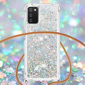 Θήκη Samsung Galaxy A03s OEM πλάτη με κορδόνι και διακριτική σκόνη γκλίτερ άμμου από αντικραδασμικό TPU ασημί - Image 2