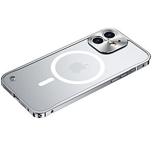 Θήκη iPhone 12 OEM Hybrid Cover συμβατή με MagSafe φορτιστή από Premium μεταλλικό περίβλημα και διάφανη Πλάτη Tempered Glass ασημί