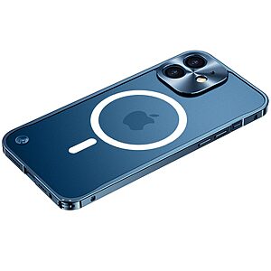 Θήκη iPhone 12 OEM Hybrid Cover συμβατή με MagSafe φορτιστή από Premium μεταλλικό περίβλημα και διάφανη Πλάτη Tempered Glass μπλε