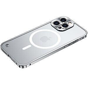 Θήκη iPhone 12 Pro OEM Hybrid Cover συμβατή με MagSafe φορτιστή από Premium μεταλλικό περίβλημα και διάφανη Πλάτη Tempered Glass ασημί