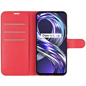 Θήκη Realme 8i OEM Litchi Skin Series με βάση στήριξης, υποδοχές καρτών και μαγνητικό κούμπωμα Flip Wallet από συνθετικό δέρμα και TPU κόκκινο - Image 4