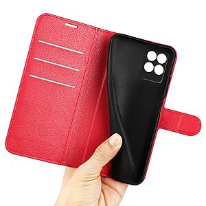 Θήκη Realme 8i OEM Litchi Skin Series με βάση στήριξης, υποδοχές καρτών και μαγνητικό κούμπωμα Flip Wallet από συνθετικό δέρμα και TPU κόκκινο - Image 5