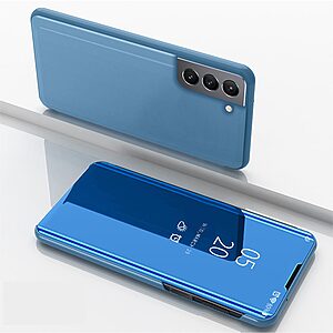 Θήκη Samsung Galaxy S21 FE OEM Mirror Surface Series Flip Window δερματίνη γαλάζιο