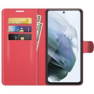 Θήκη Samsung Galaxy S21 FE OEM Litchi Skin Leather με βάση στήριξης, υποδοχές καρτών και μαγνητικό κούμπωμα κόκκινο - Image 4