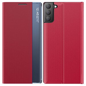 Θήκη Samsung Galaxy S21 FE OEM Half Mirror View Stand Cover με μαγνητικό κούμπωμα από συνθετικό δέρμα κόκκινο