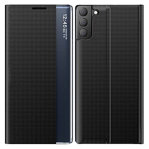 Θήκη Samsung Galaxy S21 FE OEM Half Mirror View Stand Cover με μαγνητικό κούμπωμα από συνθετικό δέρμα μαύρο