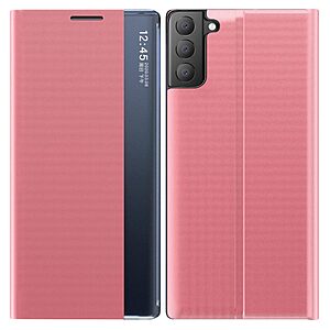 Θήκη Samsung Galaxy S21 FE OEM Half Mirror View Stand Cover με μαγνητικό κούμπωμα από συνθετικό δέρμα ροζ