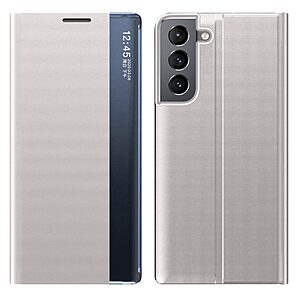 Θήκη Samsung Galaxy S22 5G OEM Half Mirror View Stand Cover με μαγνητικό κούμπωμα από συνθετικό δέρμα ασημί