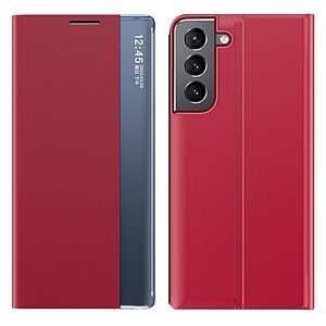 Θήκη Samsung Galaxy S22 5G OEM Half Mirror View Stand Cover με μαγνητικό κούμπωμα από συνθετικό δέρμα κόκκινο