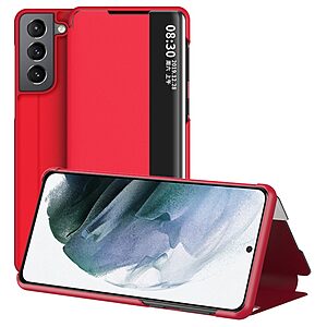 Θήκη Samsung Galaxy S22 5G OEM Half Mirror Surface View Stand Case Cover Flip Window από συνθετικό δέρμα κόκκινο