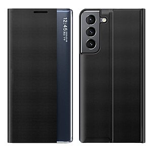 Θήκη Samsung Galaxy S22 5G OEM Half Mirror View Stand Cover με μαγνητικό κούμπωμα από συνθετικό δέρμα μαύρο