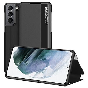 Θήκη Samsung Galaxy S22 5G OEM Half Mirror Surface View Stand Case Cover Flip Window από συνθετικό δέρμα μαύρο