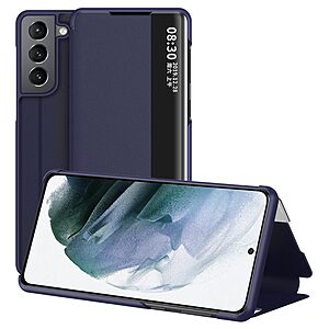 Θήκη Samsung Galaxy S22 5G OEM Half Mirror Surface View Stand Case Cover Flip Window από συνθετικό δέρμα μπλε
