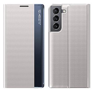 Θήκη Samsung Galaxy S22 Plus 5G OEM Half Mirror View Stand Cover με μαγνητικό κούμπωμα από συνθετικό δέρμα ασημί