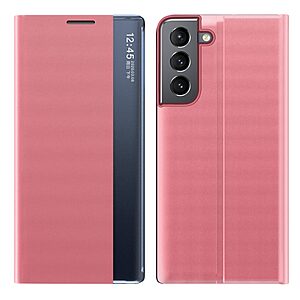Θήκη Samsung Galaxy S22 Plus 5G OEM Half Mirror View Stand Cover με μαγνητικό κούμπωμα από συνθετικό δέρμα ροζ