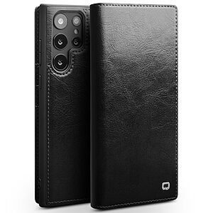 Θήκη Samsung Galaxy S22 Ultra 5G QIALINO book από Premium αυθεντικό γυαλιστερό δέρμα Genuine Cowhide μαύρο