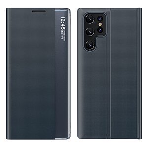 Θήκη Samsung Galaxy S22 Ultra 5G OEM Half Mirror View Stand Cover με μαγνητικό κούμπωμα από συνθετικό δέρμα μπλε
