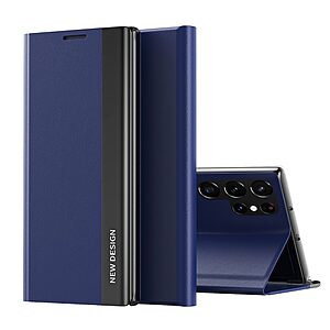Θήκη Samsung Galaxy S22 Ultra 5G OEM Invisible Magnet Leather Stand Cover με μαγνητικό κούμπωμα από συνθετικό δέρμα μπλε