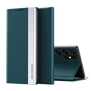 Θήκη Samsung Galaxy S22 Ultra 5G OEM Invisible Magnet Leather Stand Cover με μαγνητικό κούμπωμα από συνθετικό δέρμα πράσινο