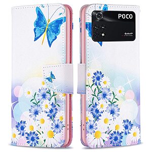 Θήκη Xiaomi Poco M4 Pro 4G OEM Blue Butterfly & Flowers με βάση στήριξης