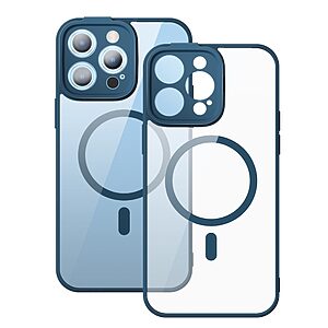Θήκη iPhone 14 Pro Max BASEUS Frame Series Silicone Sockproof συμβατό με MagSafe φορτιστή και προστασία οθόνης (Tempered Glass) Πλάτη TPU μπλε