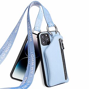 Θήκη iPhone 14 Pro Max Mad Mask πλάτη δερματίνης με κορδόνι και πορτοφόλι με φερμουαρ από αντικραδασμικό TPU γαλάζιο